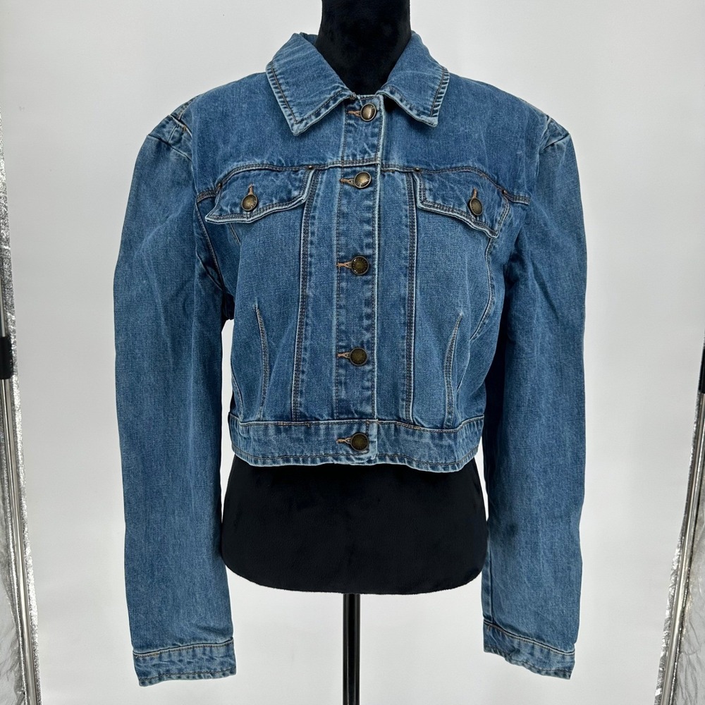 Avec Les Filles Denim Cropped Jean Jacket 80's Inspired 100% Cotton Button Up M